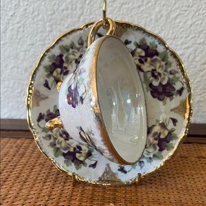 Iridescent Footed Floral Teacup and Saucer
